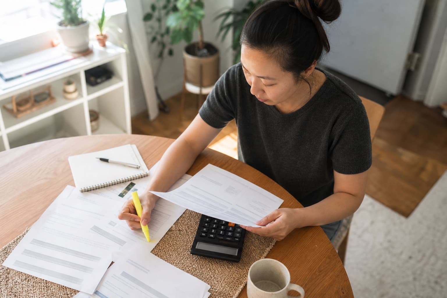 An adult reviewing generic benefits papers with a highlighter and calculator.