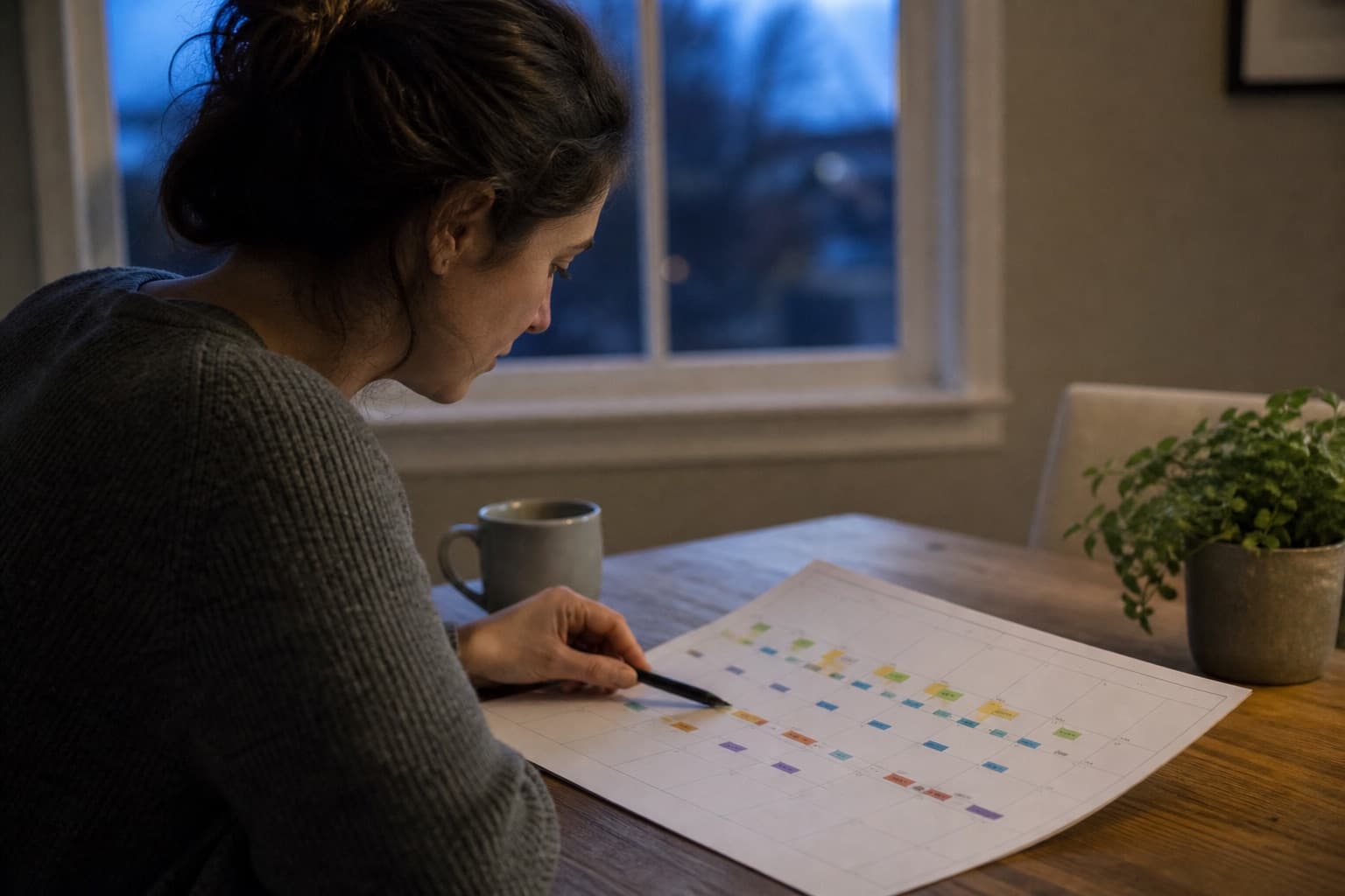 An adult reviewing a weekly calendar with a sequence of appointments and an interrupted line.