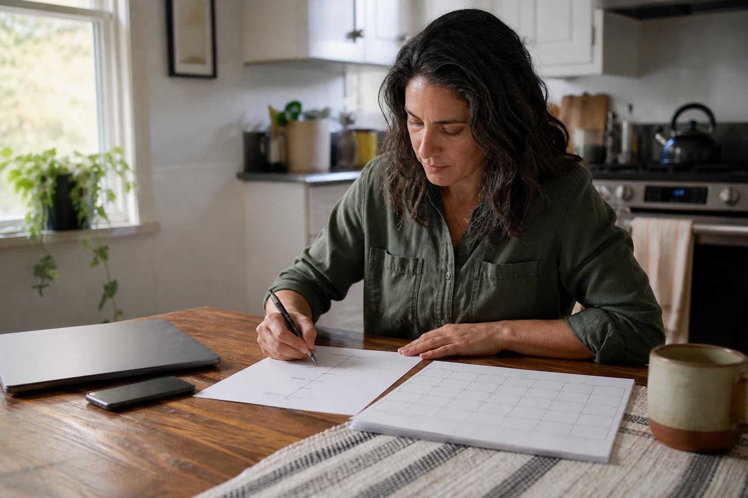 An adult organizing a phone, calendar, and notes at a quiet kitchen table.