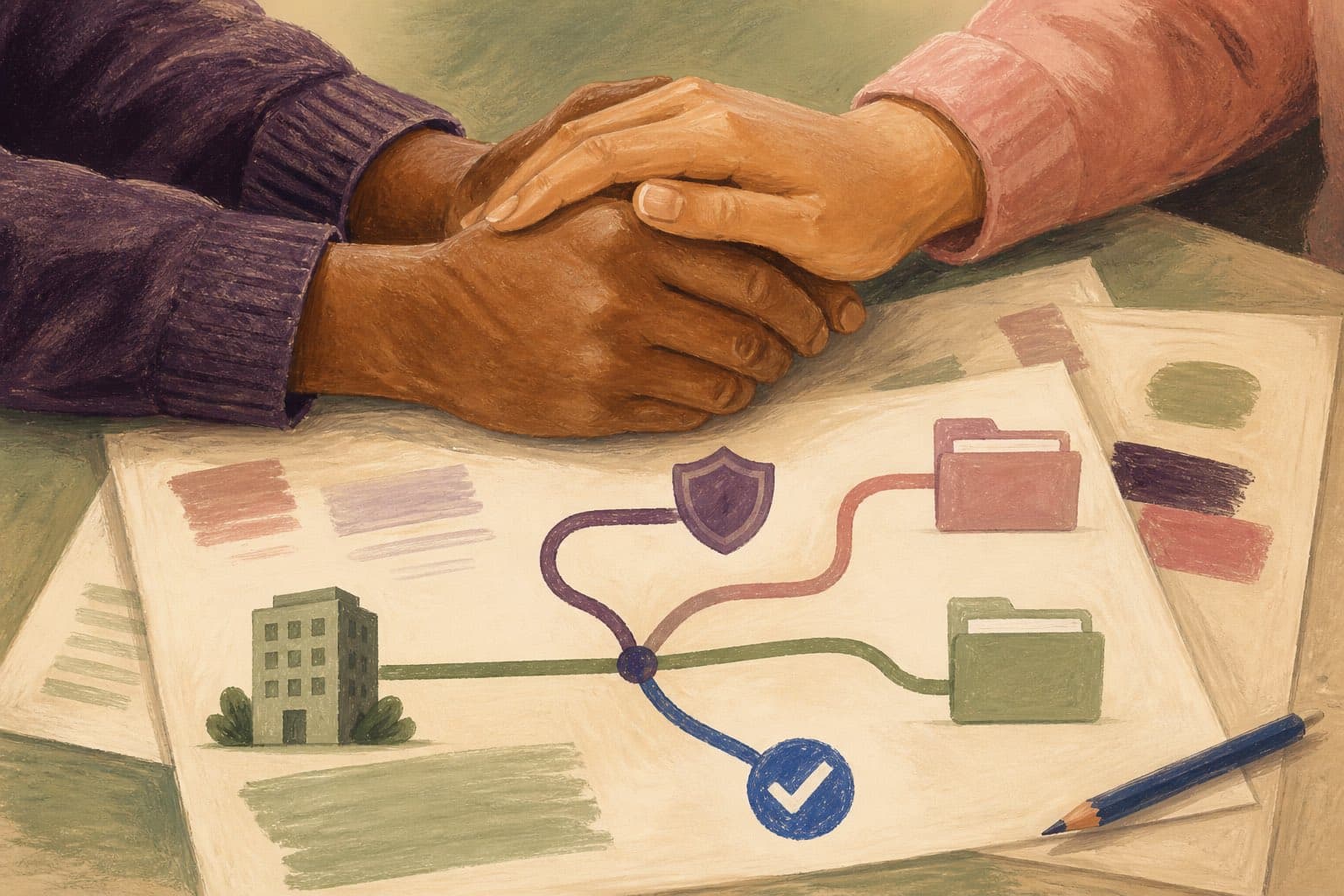 Illustrated hands clasped above plan documents and a branching route map.
